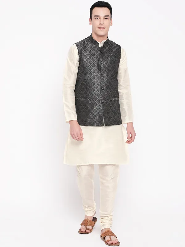 Cream_Banarasi_Dupion_Kurta_With_Churidar_And_Waistcoat_Set_For_Men