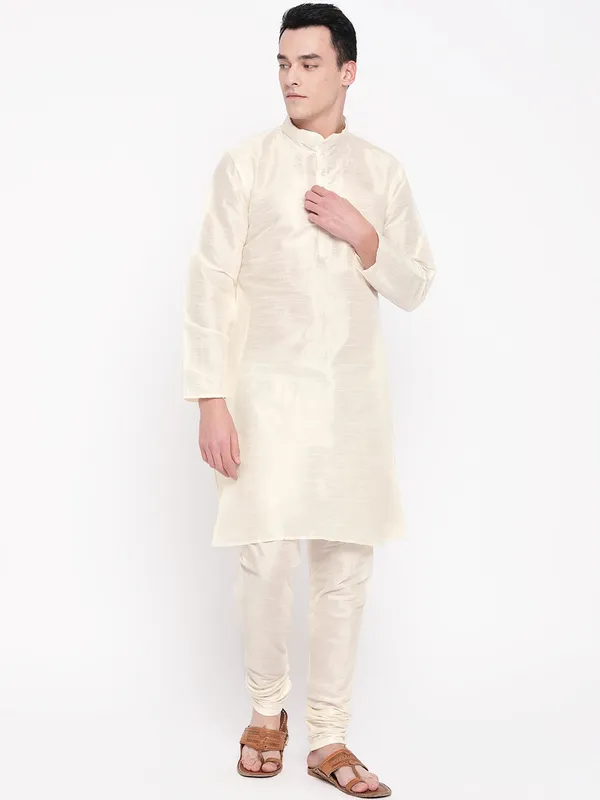 Cream_Banarasi_Dupion_Kurta_With_Churidar_And_Waistcoat_Set_For_Men