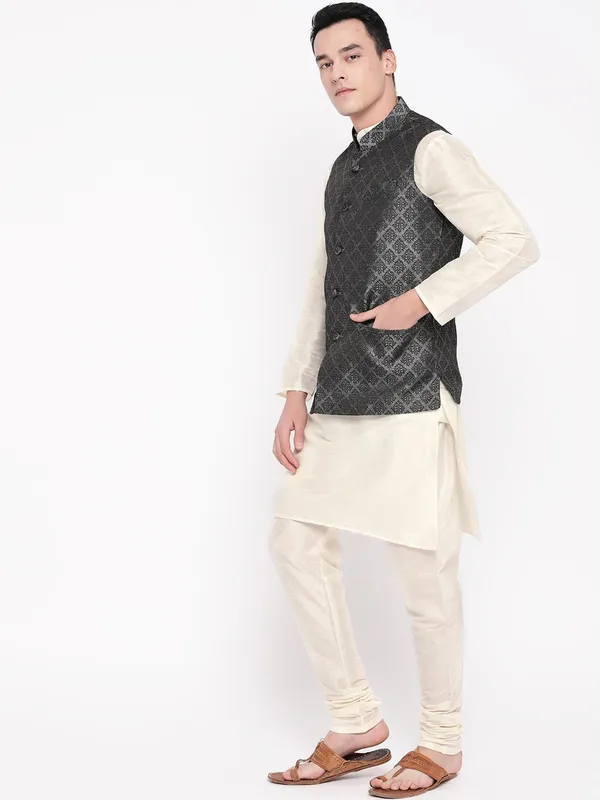 Cream_Banarasi_Dupion_Kurta_With_Churidar_And_Waistcoat_Set_For_Men
