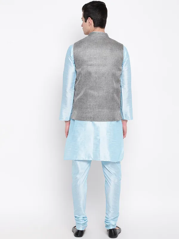 Sky_Blue_Banarasi_Dupion_Kurta_With_Churidar_And_Waistcoat_Set_For_Men