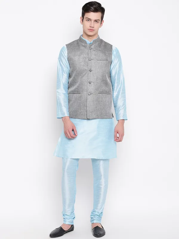 Sky_Blue_Banarasi_Dupion_Kurta_With_Churidar_And_Waistcoat_Set_For_Men
