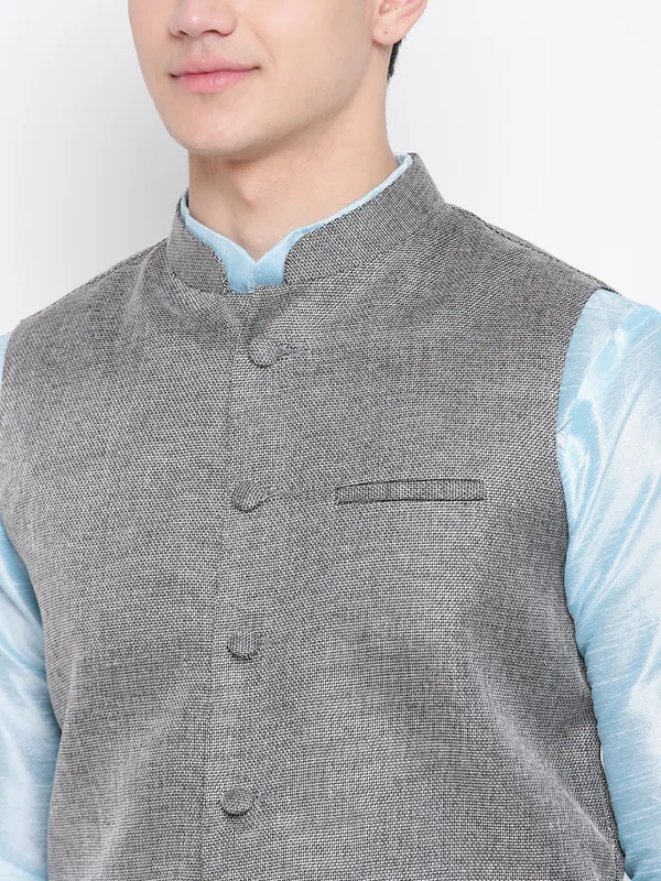 Sky_Blue_Banarasi_Dupion_Kurta_With_Churidar_And_Waistcoat_Set_For_Men