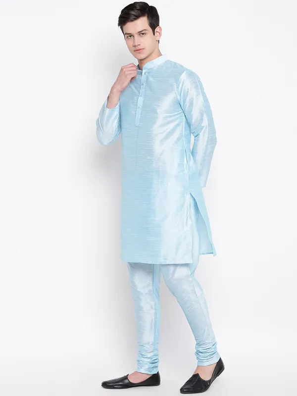 Sky_Blue_Banarasi_Dupion_Kurta_With_Churidar_And_Waistcoat_Set_For_Men