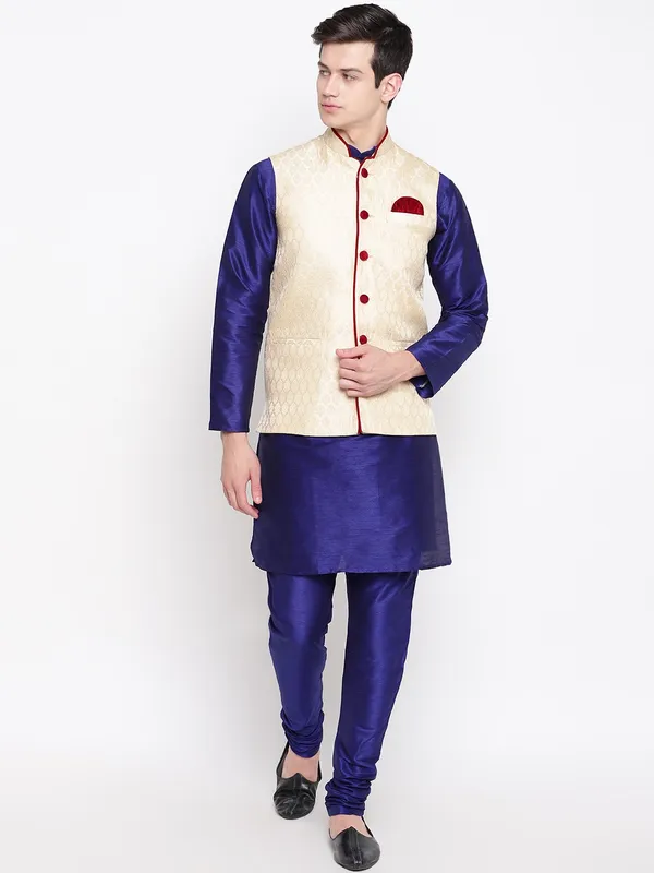 Royal_Blue_Banarasi_Dupion_Kurta_With_Churidar_And_Waistcoat_Set_For_Men