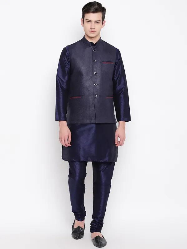 Navy_Blue_Banarasi_Dupion_Kurta_With_Churidar_And_Jute_Waistcoat_Set_For_Men