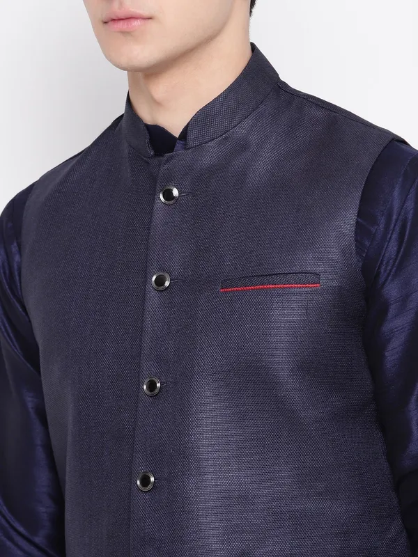 Navy_Blue_Banarasi_Dupion_Kurta_With_Churidar_And_Jute_Waistcoat_Set_For_Men