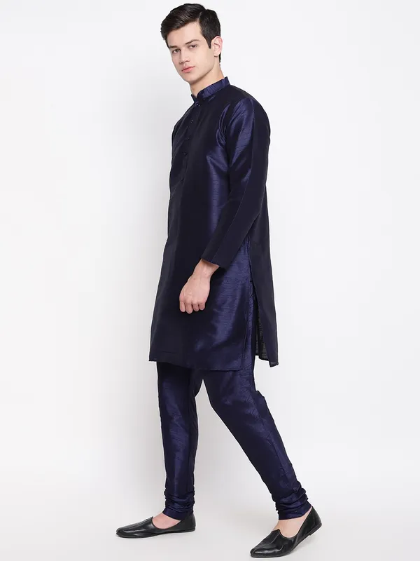 Navy_Blue_Banarasi_Dupion_Kurta_With_Churidar_And_Jute_Waistcoat_Set_For_Men