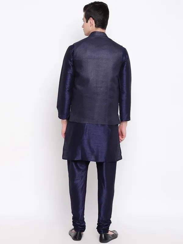 Navy_Blue_Banarasi_Dupion_Kurta_With_Churidar_And_Jute_Waistcoat_Set_For_Men