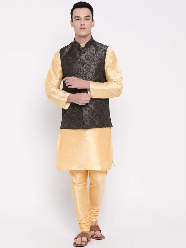 Gold_Banarasi_Dupion_Kurta_With_Churidar_And_Waistcoat_Set_For_Men