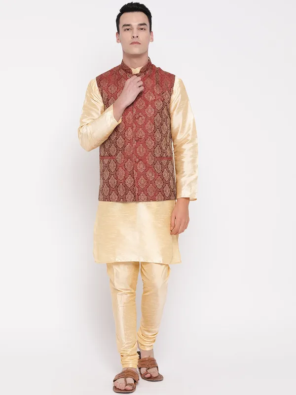 Gold_Banarasi_Dupion_Kurta_With_Churidar_And_Waistcoat_Set_For_Men