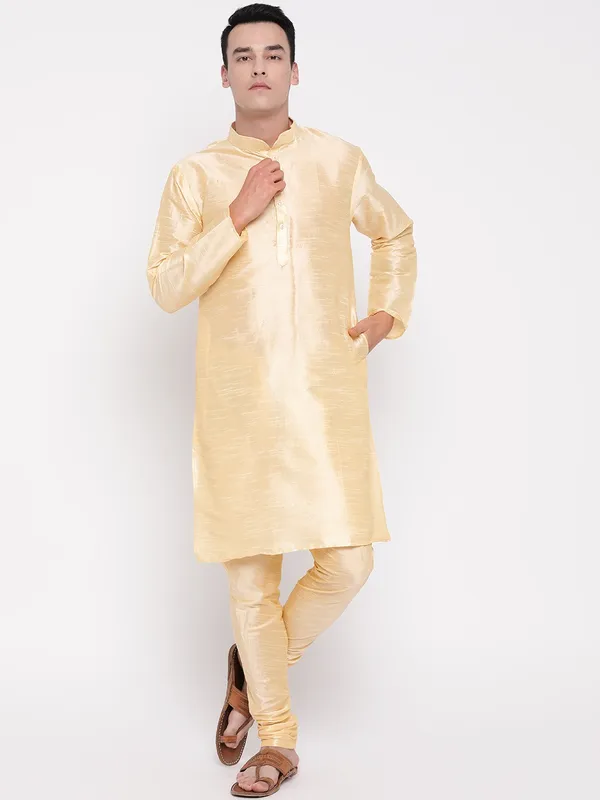 Gold_Banarasi_Dupion_Kurta_With_Churidar_And_Waistcoat_Set_For_Men