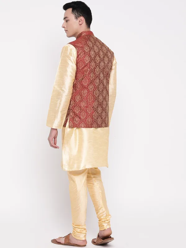 Gold_Banarasi_Dupion_Kurta_With_Churidar_And_Waistcoat_Set_For_Men