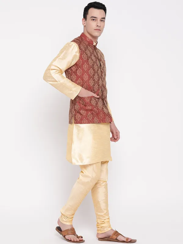 Gold_Banarasi_Dupion_Kurta_With_Churidar_And_Waistcoat_Set_For_Men