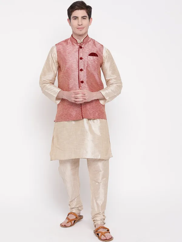 Beige_Double_Tone_Banarasi_Dupion_Kurta_With_Churidar_And_Waistcoat_Set_For_Men