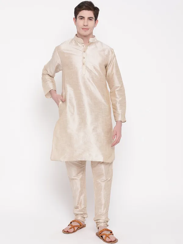Beige_Double_Tone_Banarasi_Dupion_Kurta_With_Churidar_And_Waistcoat_Set_For_Men