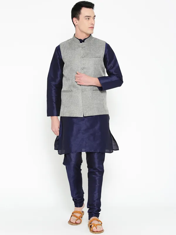 Navy_Blue_Banarasi_Dupion_Kurta_With_Churidar_And_Waistcoat_Set_For_Men