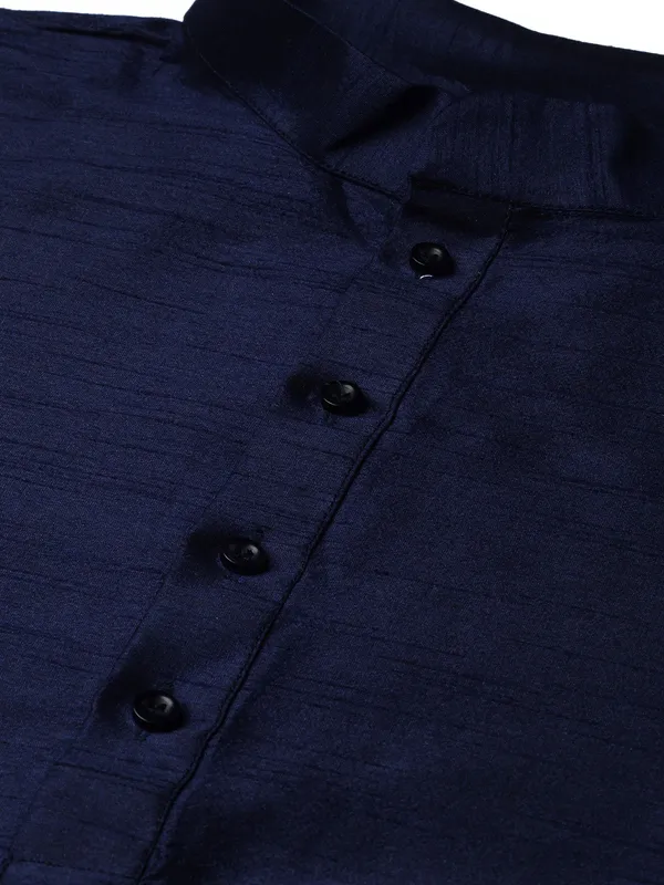Navy_Blue_Banarasi_Dupion_Kurta_With_Churidar_And_Waistcoat_Set_For_Men