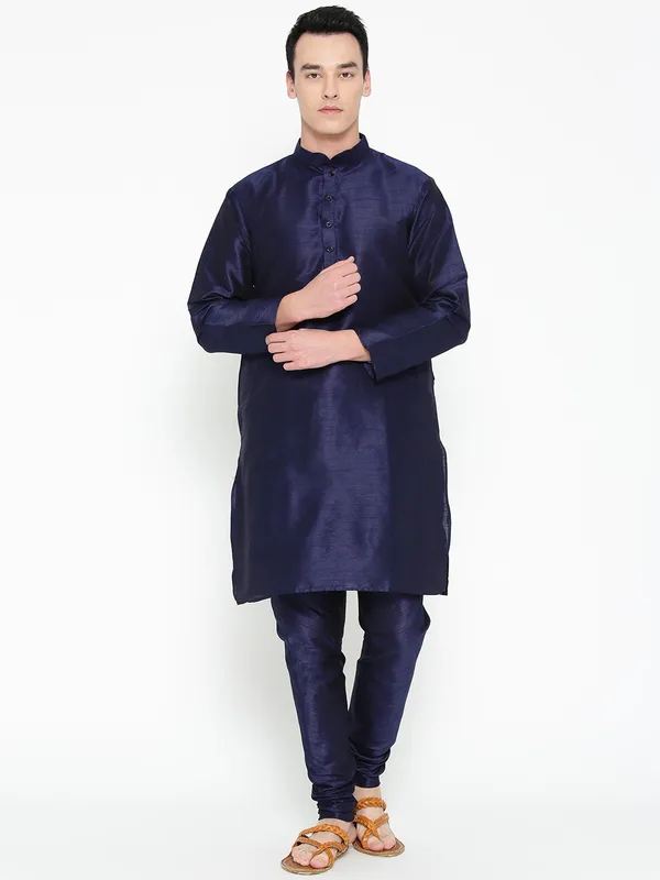 Navy_Blue_Banarasi_Dupion_Kurta_With_Churidar_And_Waistcoat_Set_For_Men