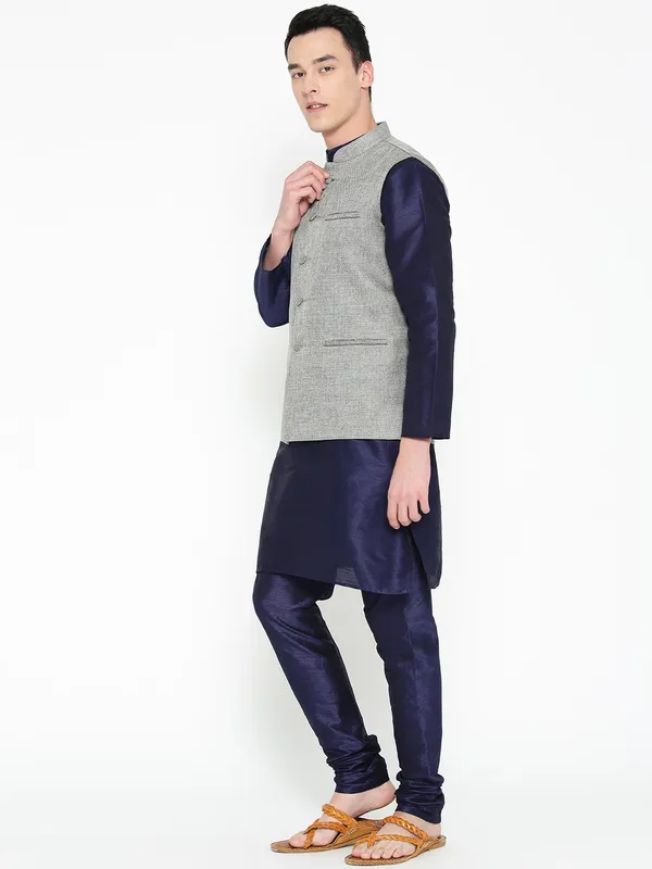 Navy_Blue_Banarasi_Dupion_Kurta_With_Churidar_And_Waistcoat_Set_For_Men