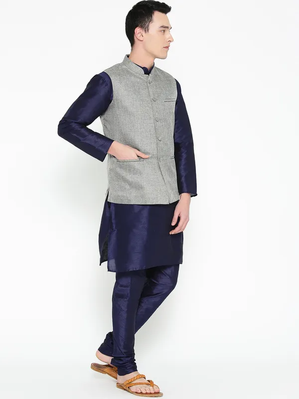 Navy_Blue_Banarasi_Dupion_Kurta_With_Churidar_And_Waistcoat_Set_For_Men