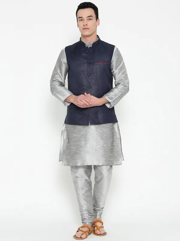 Silver_Banarasi_Dupion_Kurta_With_Churidar_And_Jute_Waistcoat_Set_For_Men