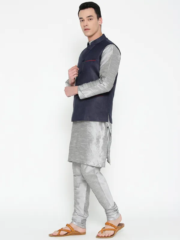 Silver_Banarasi_Dupion_Kurta_With_Churidar_And_Jute_Waistcoat_Set_For_Men
