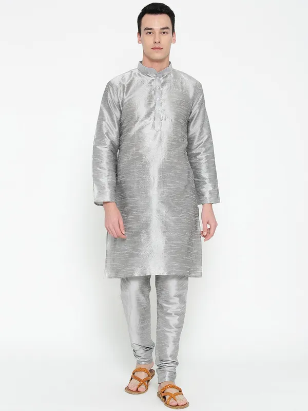 Silver_Banarasi_Dupion_Kurta_With_Churidar_And_Jute_Waistcoat_Set_For_Men