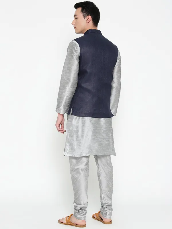 Silver_Banarasi_Dupion_Kurta_With_Churidar_And_Jute_Waistcoat_Set_For_Men