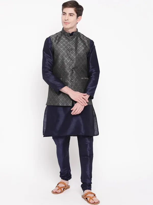 Navy_Blue_Banarasi_Dupion_Kurta_With_Churidar_And_Waistcoat_Set_For_Men