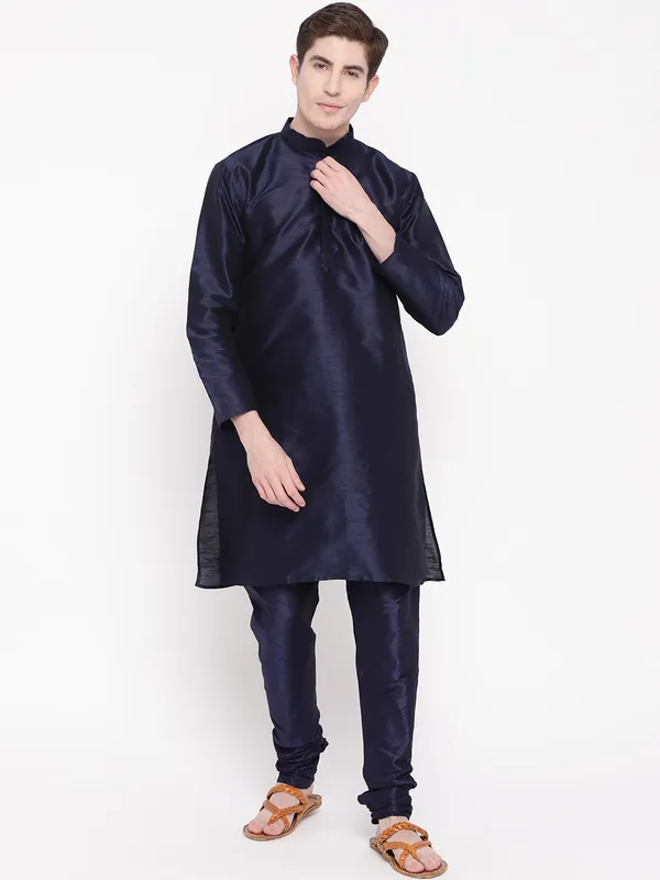 Navy_Blue_Banarasi_Dupion_Kurta_With_Churidar_And_Waistcoat_Set_For_Men