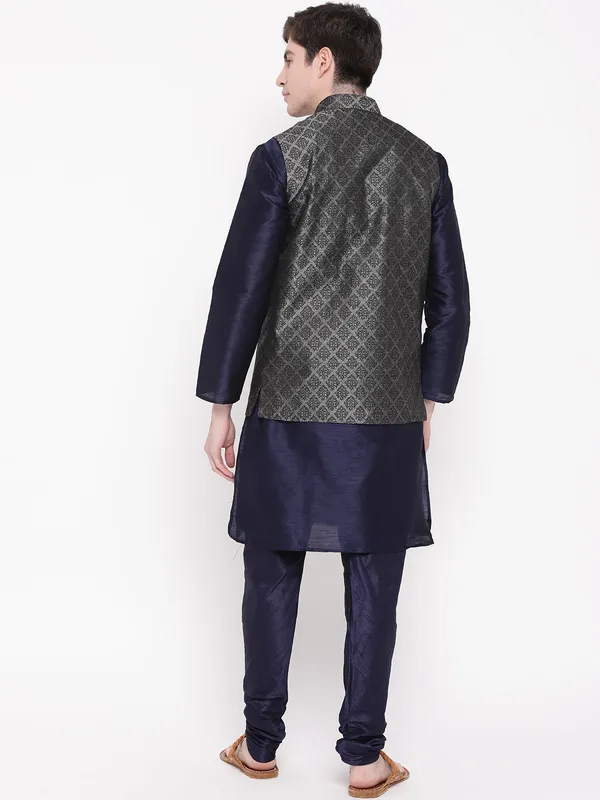 Navy_Blue_Banarasi_Dupion_Kurta_With_Churidar_And_Waistcoat_Set_For_Men