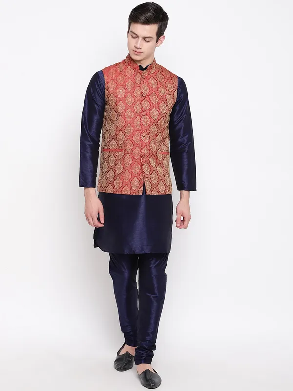 Navy_Blue_Banarasi_Dupion_Kurta_With_Churidar_And_Waistcoat_Set_For_Men