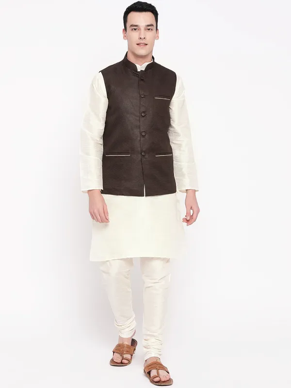 White_Banarasi_Dupion_Kurta_With_Churidar_And_Waistcoat_Set_For_Men