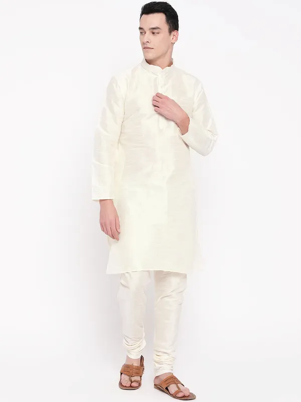 White_Banarasi_Dupion_Kurta_With_Churidar_And_Waistcoat_Set_For_Men