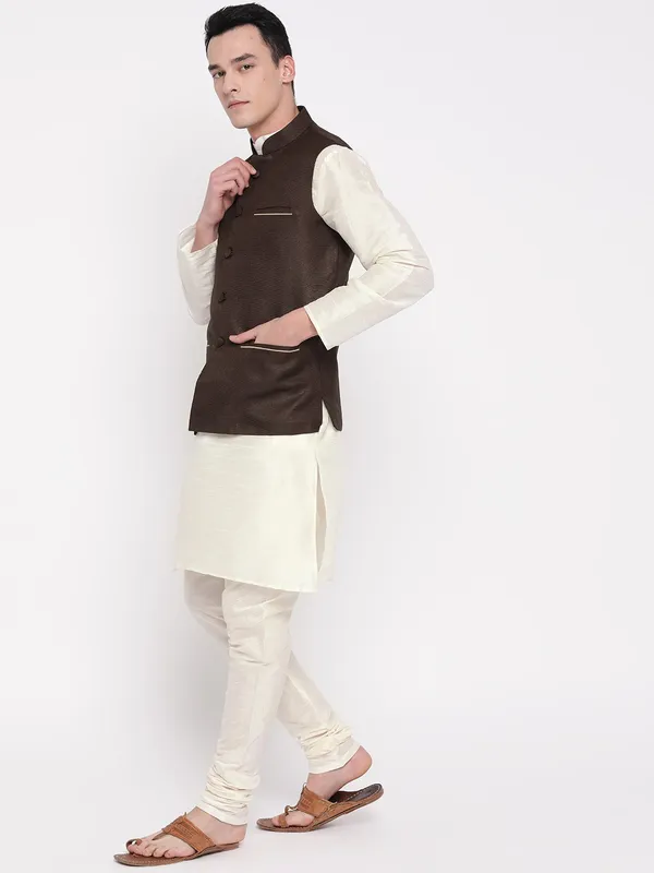 White_Banarasi_Dupion_Kurta_With_Churidar_And_Waistcoat_Set_For_Men