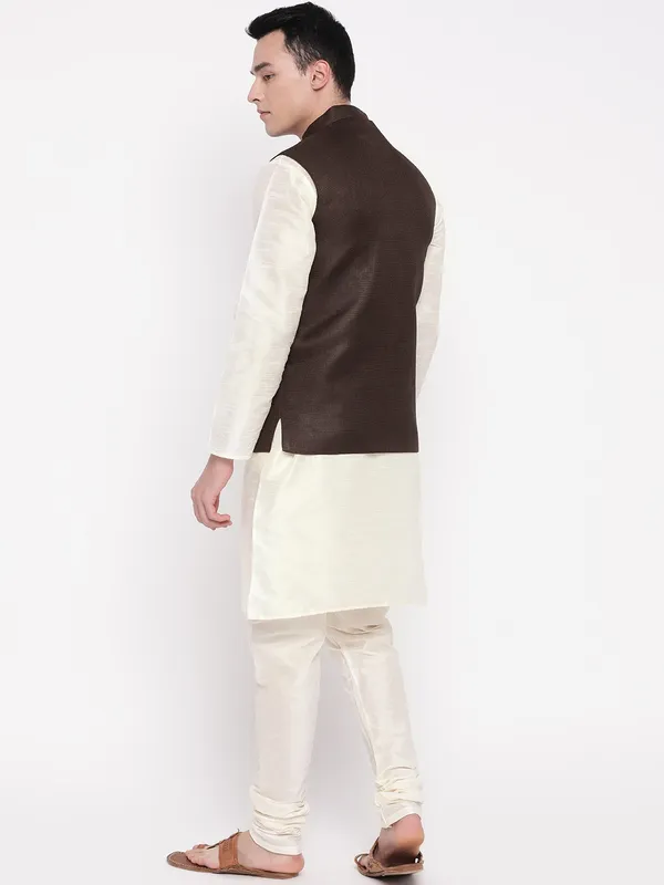White_Banarasi_Dupion_Kurta_With_Churidar_And_Waistcoat_Set_For_Men
