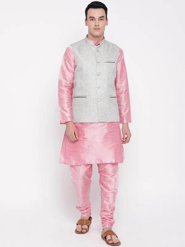 Pink_Banarasi_Dupion_Kurta_With_Churidar_And_Jute_Waistcoat_Set_For_Men