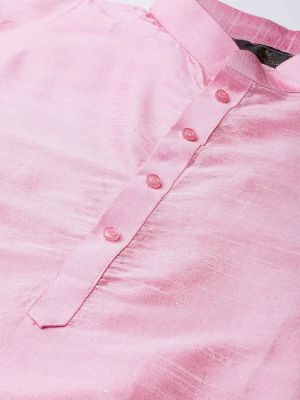 Pink_Banarasi_Dupion_Kurta_With_Churidar_And_Jute_Waistcoat_Set_For_Men