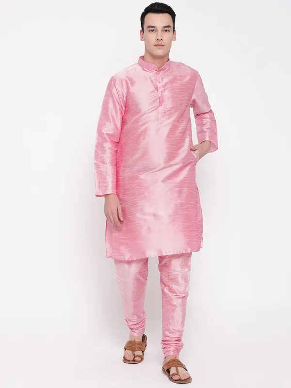 Pink_Banarasi_Dupion_Kurta_With_Churidar_And_Jute_Waistcoat_Set_For_Men