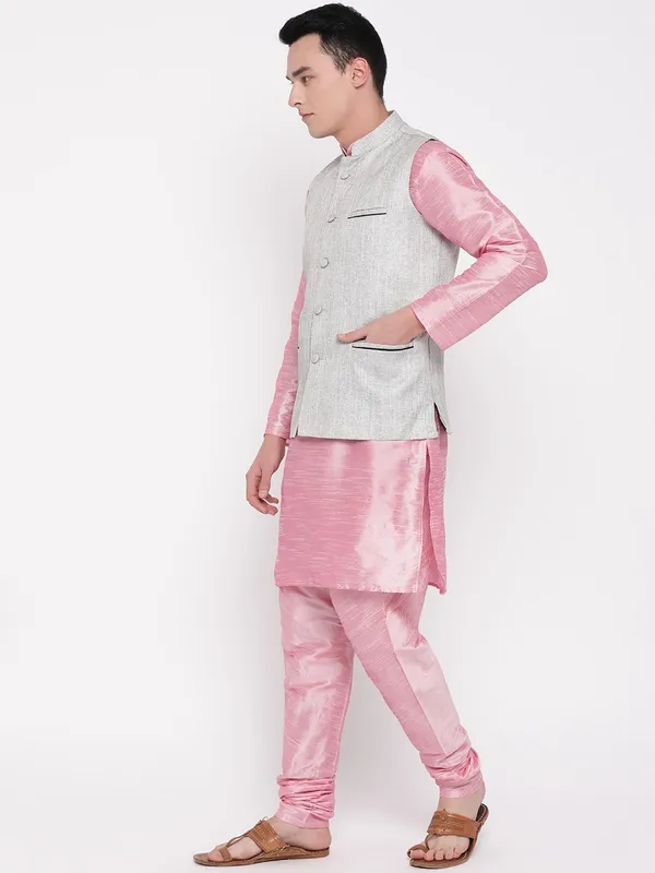 Pink_Banarasi_Dupion_Kurta_With_Churidar_And_Jute_Waistcoat_Set_For_Men