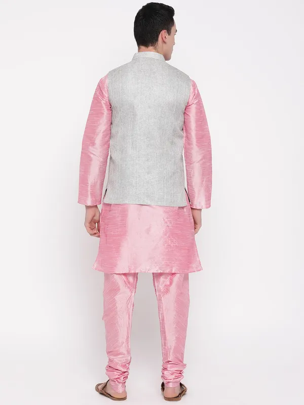 Pink_Banarasi_Dupion_Kurta_With_Churidar_And_Jute_Waistcoat_Set_For_Men