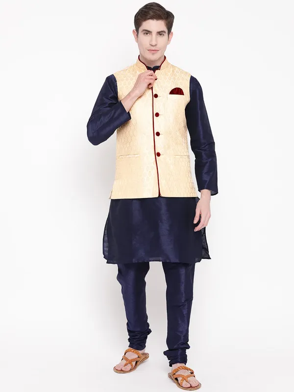 Navy_Blue_Banarasi_Dupion_Kurta_With_Churidar_And_Waistcoat_Set_For_Men