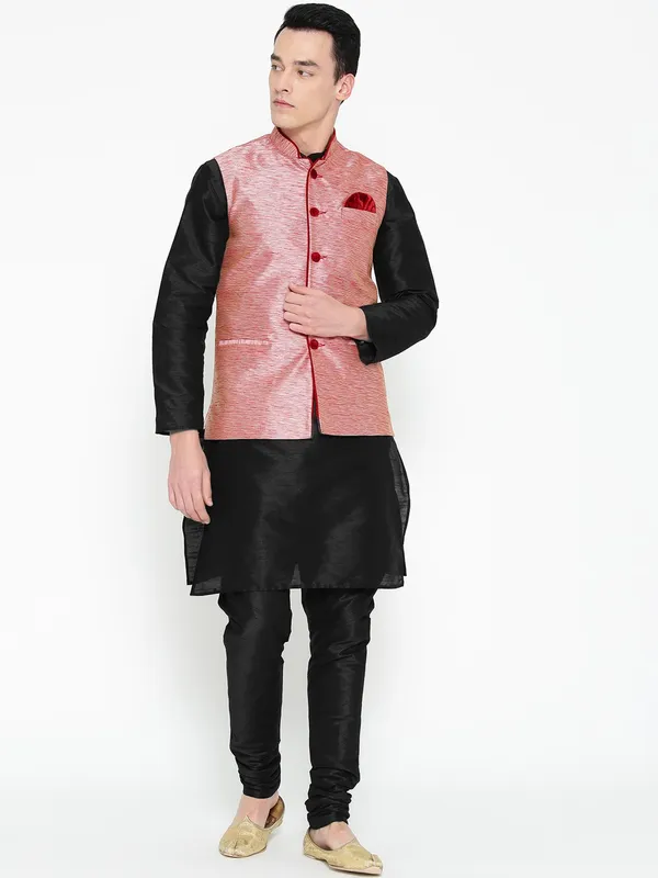 Black_Banarasi_Dupion_Kurta_With_Churidar_And_Waistcoat_Set_For_Men
