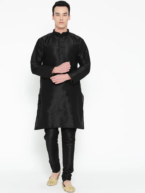 Black_Banarasi_Dupion_Kurta_With_Churidar_And_Waistcoat_Set_For_Men