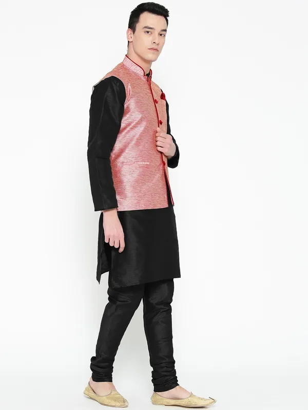 Black_Banarasi_Dupion_Kurta_With_Churidar_And_Waistcoat_Set_For_Men