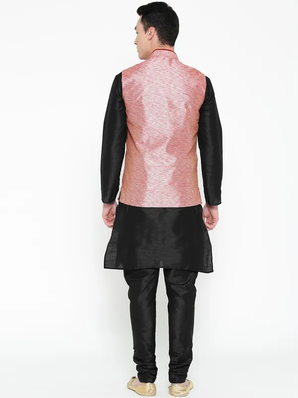 Black_Banarasi_Dupion_Kurta_With_Churidar_And_Waistcoat_Set_For_Men
