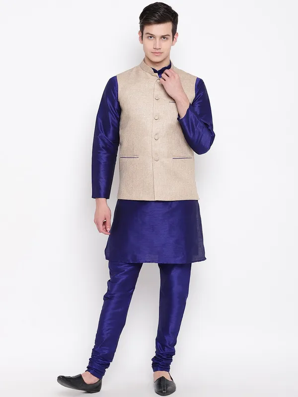 Royal_Blue_Banarasi_Dupion_Kurta_With_Churidar_And_Jute_Waistcoat_Set_For_Men