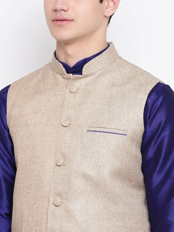 Royal_Blue_Banarasi_Dupion_Kurta_With_Churidar_And_Jute_Waistcoat_Set_For_Men