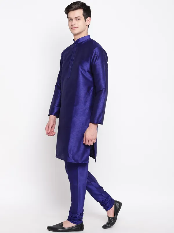 Royal_Blue_Banarasi_Dupion_Kurta_With_Churidar_And_Jute_Waistcoat_Set_For_Men