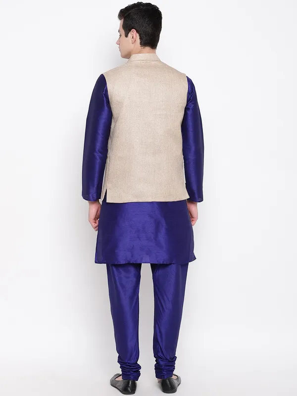 Royal_Blue_Banarasi_Dupion_Kurta_With_Churidar_And_Jute_Waistcoat_Set_For_Men